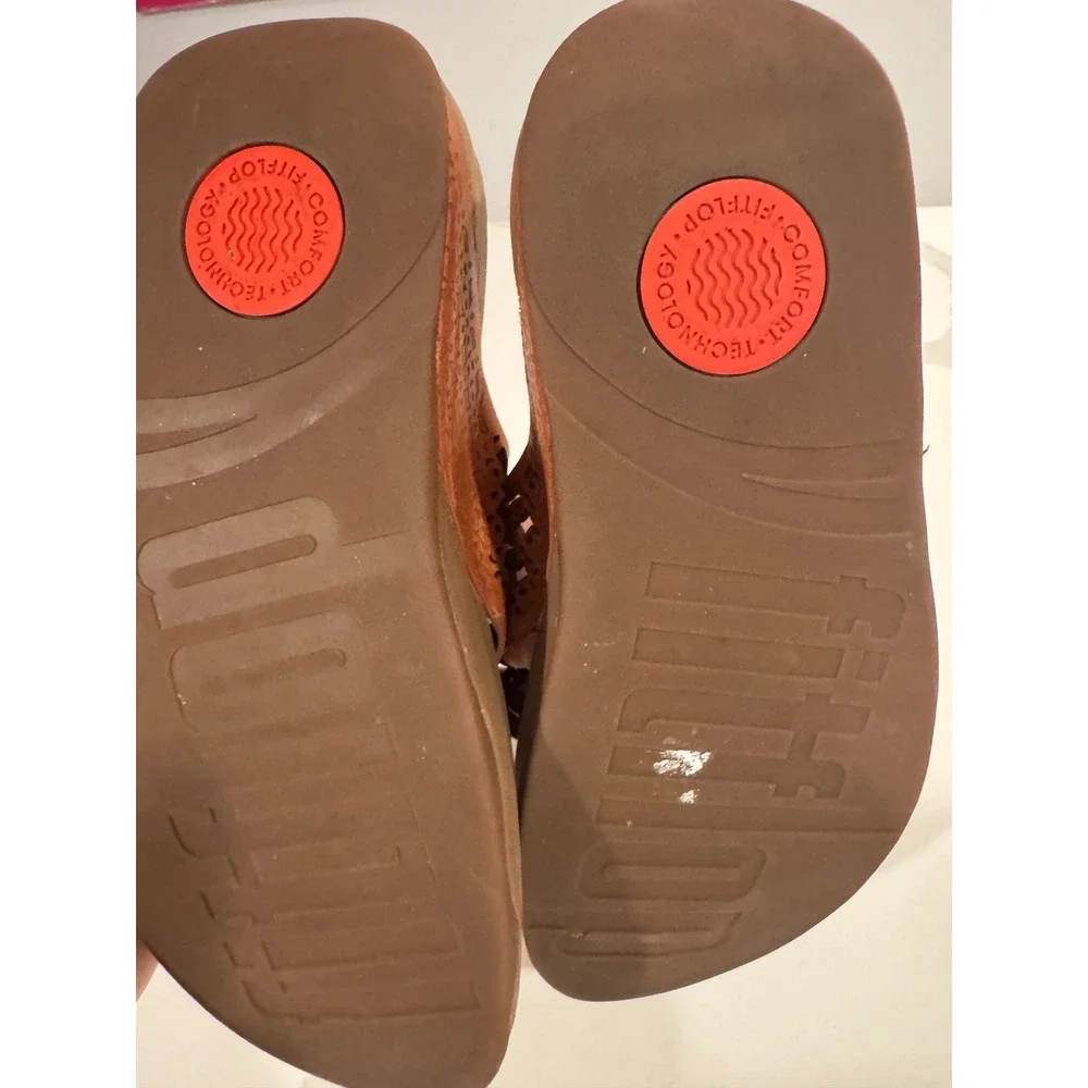 FitFlop Lulu Tan Leather Laser Cut Thong Platform Sandals Womens Brown